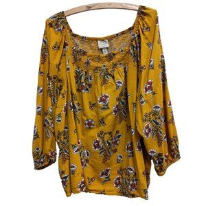 St. John's Bay Womens Blouse Top 1X Mustard Yellow Floral BOHO Peasant Festival